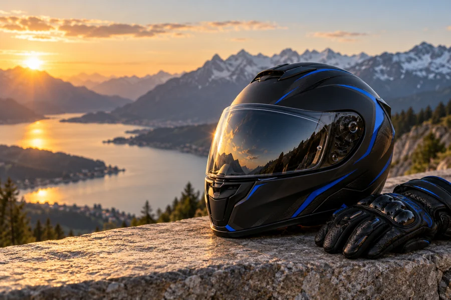 Motorradhelm und Handschuhe vor Bergkulisse – Symbolbild