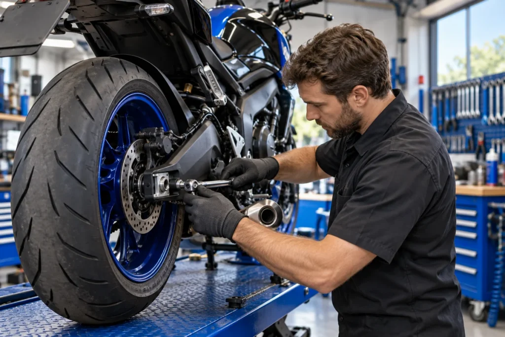 Mechaniker arbeitet am Hinterrad eines Motorrads – KI-generiertes Symbolbild